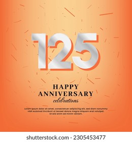 125th anniversary vector template with a white number and confetti spread on an orange background