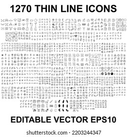 1270 Big Set of different line icons. Thin pack of business and social web outline symbols. Modern vector line collection. Editable eps10