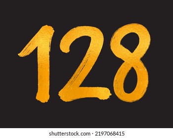 128 Number logo vector illustration, 128 Years Anniversary Celebration Vector Template,  128th birthday, Gold Lettering Numbers brush drawing hand drawn sketch, number logo design for print, t shirt