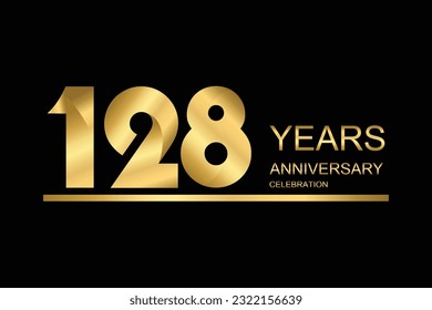  128 year anniversary vector banner template. gold icon isolated on black background.