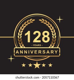 128 years anniversary golden color with circle ring and stars isolated on black background for anniversary celebration event luxury gold premium vector