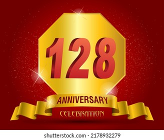 128 years anniversary logo template. Red numbers with golden ribbon.