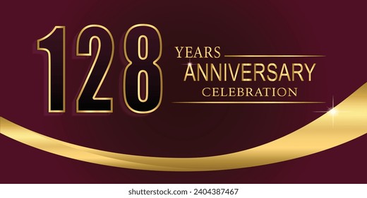 Antecedentes de la celebración del 128º aniversario. Grabación de oro y cinta de oro sobre fondo de marrón oscuro, diseño vectorial para celebración, tarjeta de invitación y tarjeta de saludo.