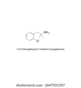 Estrutura esquelética de 1-(2-clorofenil)-2-metil-2-propilamina Ilustração esquemática do composto aromático halogenado. Diagrama simples, fórmula química.