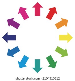 Der 12-farbige Pfeil dehnt sich aus. Bild von Wachstum und Expansion. Illustration des Geschäfts, Farbrad.