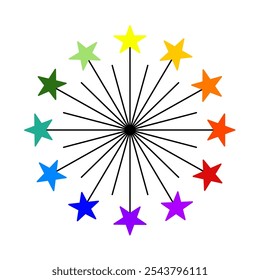 O disco de cores em forma de estrela de 12 cores tem vermelho, laranja, amarelo, verde, azul, roxo, rosa e azul celeste. Pode ser usado como um logotipo ou para aprender arte básica.