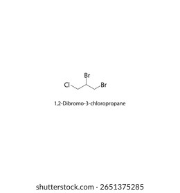 1,2-Dibromo-3-chloropropane skeletal structure. Halogenated propane compound schematic illustration. Simple diagram, chemical formula.