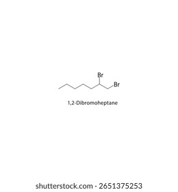 1,2-Dibromoheptane skeletal structure. Halogenated alkane compound schematic illustration. Simple diagram, chemical formula.