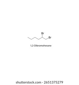 1,2-Dibromohexane skeletal structure. Halogenated alkane compound schematic illustration. Simple diagram, chemical formula.