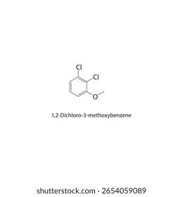 1,2-Dichloro-3-methoxybenzene skeletal structure. halogen benzene compound schematic illustration. Simple diagram, chemical formula.