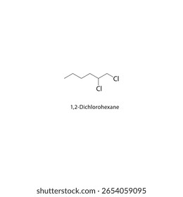 Estrutura esquelética do 1,2-dicloro-hexano. ilustração esquemática do composto alcalino de halogêneo. Diagrama simples, fórmula química.