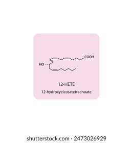 12HETE, 12-hydroxyeicosatetraenoate skeletal structure diagram.prostanoid compound molecule scientific illustration on pink background.