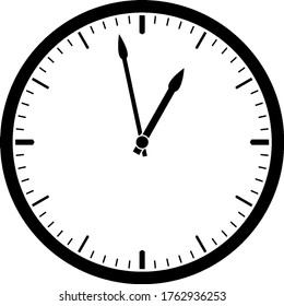Um relógio de parede redondo de 12 horas com a mão de hora e minuto, exibindo a hora 12:58, vintage linha desenho ou gravura ilustração.