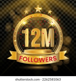 12M Followers Logotype with Gold and red Confetti Isolated on Black Background (PNG), Vector Design for Greeting Card and Social Media.