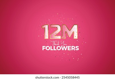 12M isolated on pink background with sparkling confetti, Thank you followers peoples, golden, Black number 12M online social group, 13M