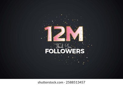 12M isolated on pink background with sparkling confetti, Thank you followers peoples, golden, Black number 12M online social group, 13M