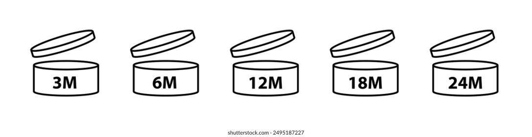 12M SIGN vector illustration, packaging symbol- 3M, 6M, 12M, 18M, 24M, 36M, PAO icons. Period after opening symbols. Set packaging signs for cosmetic. Expiration period in months, expiration date 12M