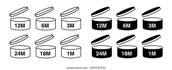 12M SIGN vector illustration, packaging symbol- 3M, 6M, 12M, 18M, 24M, 36M, PAO icons. Period after opening symbols. Set packaging signs for cosmetic. Expiration period in months, expiration date 12M