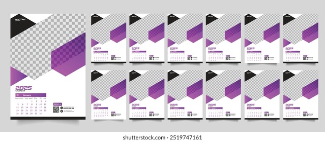 12-month 2025 Calendar Horizontal vector design template. modern and simple Calendar Design 2025. Calendar for 2025 