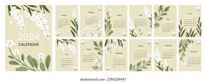 12-month calendar for 2024. Set for 12 months and a case. Vector A3 calendar template with delicate white flowers.
