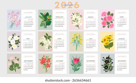 12-month calendar for 2026. Set of 12 months with floral arrangements. Vector calendar template for 2026.