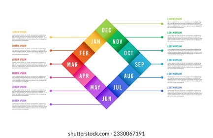 12-month diamond-shaped total work cycle business infographic. Vector illustration.