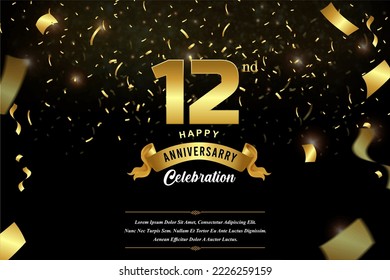 12nd anniversary celebration Gold numbers with dotted halftone, shadow and sparkling confetti. modern elegant design with black background. for wedding party event decoration.