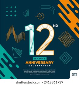 12nd anniversary celebration logotype with colorful abstract geometric shape y2k background.