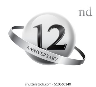 12nd anniversary celebration with silver ring on white isolated background