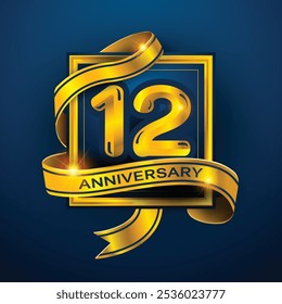 Diseño del 12º aniversario: una cinta dorada envuelta alrededor del número '12' sobre un fondo azul oscuro. Perfecto para celebrar hitos o promover eventos de aniversario con un lujo.