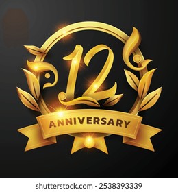 12º aniversario diseño de una cinta de oro y la hoja de oro Decorado alrededor del número '12' sobre un fondo negro. Perfecto para celebrar hitos o promover eventos de aniversario con un lujo.