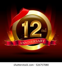 12nd golden anniversary logo with ring and red ribbon. Vector design template elements for your birthday celebration.