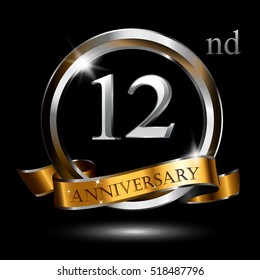 12nd silver and gold anniversary logo, vector celebration design with ring and ribbon.