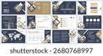 12-page corporate presentation template with modern minimal geometric design in blue and gold. Includes charts, timeline, world map, process diagram, and data visuals. Perfect for reports, pitch decks