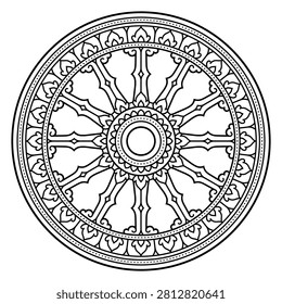 12-spoke Thai Dhamma Wheel (dhammacakka), Southeast Asian style Theravada Buddhism symbol. Black and white line art design. Isolated vector clip art illustration.