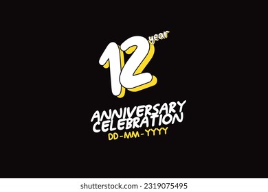  12th, 12 years, 12 year anniversary with white character with yellow shadow on black background-vector