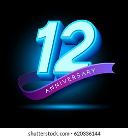 12th Anniversary 3D text with glow effect .celebration vector  template design