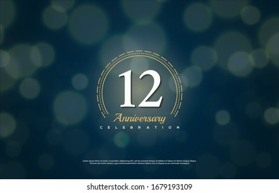 12th anniversary background with an illustration of white gold writing figures below there is a blur circle on the back.