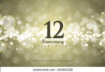 12th anniversary background with illustrations of black numbers with golden light behind,