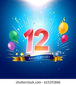 12th Anniversary with balloon, confetti, and blue background.
