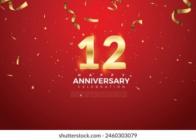 12th Anniversary celebration, 12 Anniversary celebration On Red background for celebration event, festive illustration, Golden number 12 sparkling confetti, 12,13 