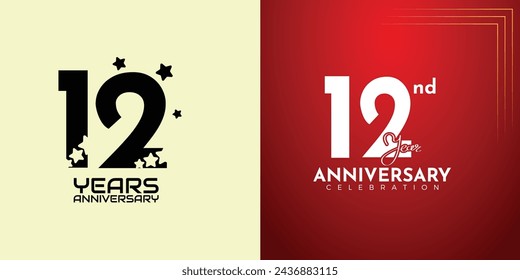 12th Anniversary celebration, 12 Anniversary celebration, Realistic 3d sign, stars, festive illustration, red background with White number 12,13 