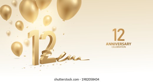 12th Anniversary celebration background. 3D Golden numbers with bent ribbon, confetti and balloons.