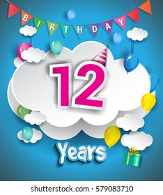 12th Anniversary Celebration Design, with clouds and balloons, confetti. Vector template elements for your, twelve years birthday celebration party.