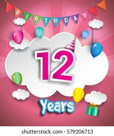 12th Anniversary Celebration Design, with clouds and balloons. using Paper Art Design Style, Vector template elements for your, twelve years birthday celebration party.