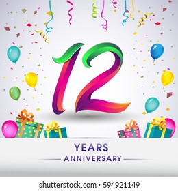 12th Anniversary Celebration Design, with gift box, balloons and confetti, Colorful Vector template elements for your, twelve years birthday celebration party.