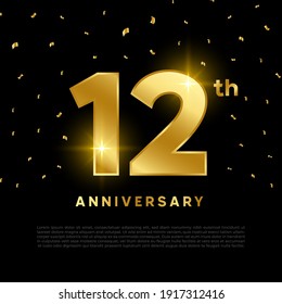 12th anniversary celebration with gold glitter color and black background. Vector design for celebrations, invitation cards and greeting cards.