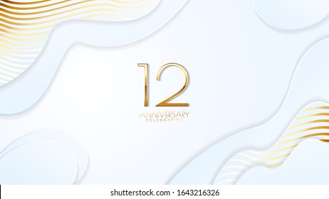 12th anniversary celebration. Golden number with realistic fluid white background. Realistic 3D sign modern elegant can be used for a company or wedding. editable design vector EPS 10.
