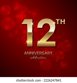 12th Anniversary Celebration. Golden number 12 with sparkling confetti and glitter for celebration events, wedding, invitation, greeting card. Vector illustration EPS10