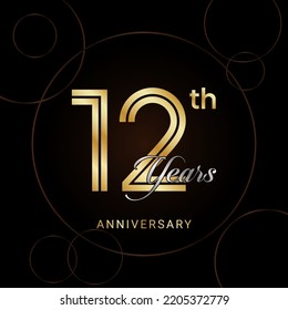 12th Anniversary Celebration With Golden Text, Golden Anniversary Vector Template